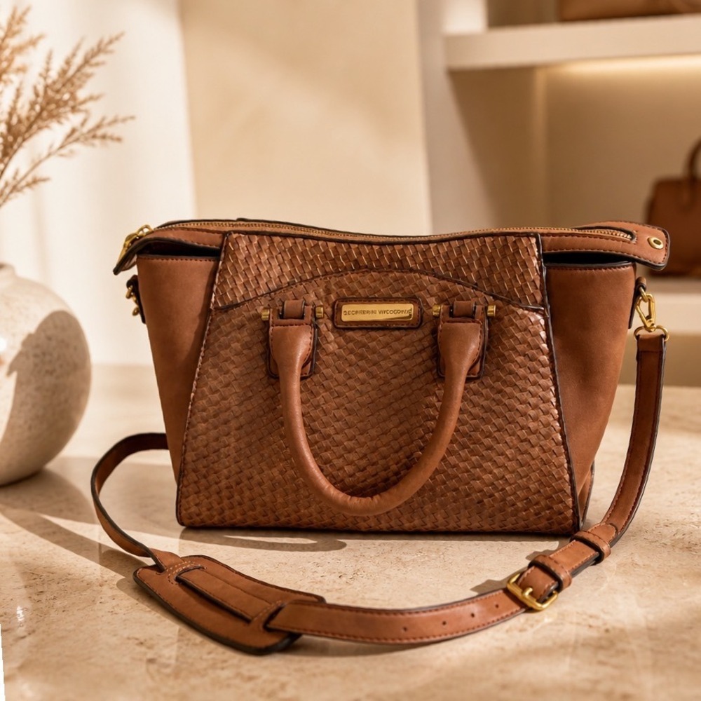 Adrienne Vittadini Woven Cognac Brown Satchel Crossbody Handbag Vegan Leather